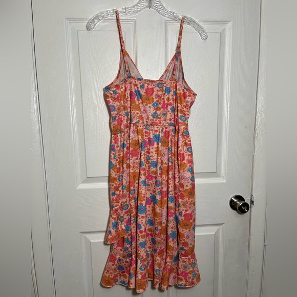 Unbranded Floral Coral Spring Snap Front Spaghetti strap Ruffle Dress | Large - Picture 8 of 11